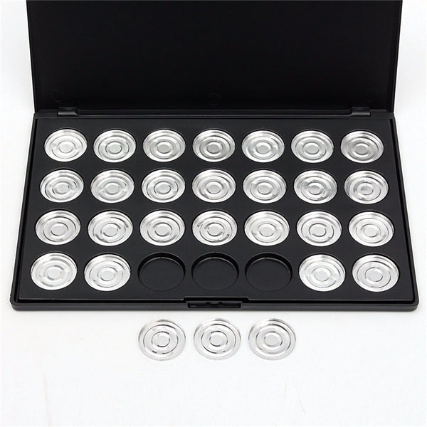 28 25mm Empty Eyeshadow Aluminum Pans with Palette Makeup Case Black