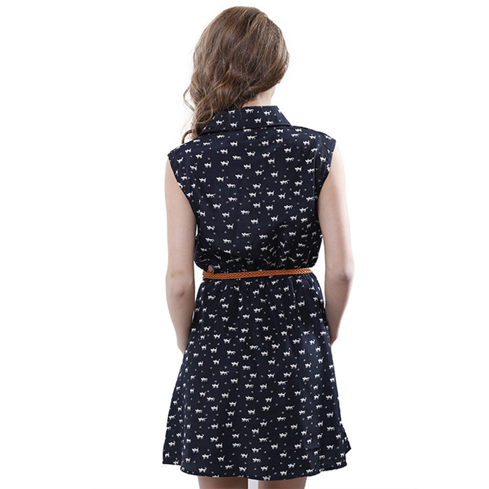 Cat Footprints Women Dresses With Belt Brief A-line Mini Dress Sleeveless