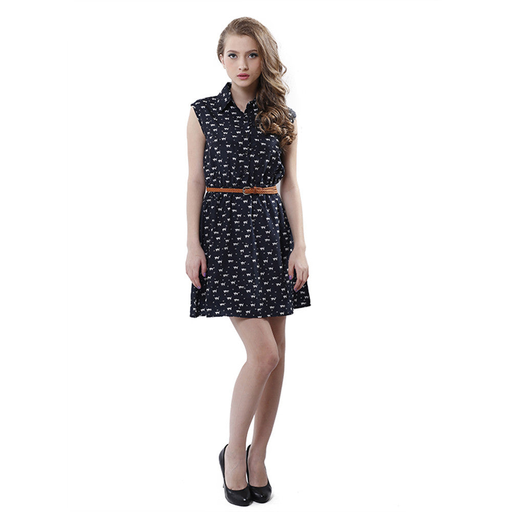 Cat Footprints Women Dresses With Belt Brief A-line Mini Dress Sleeveless