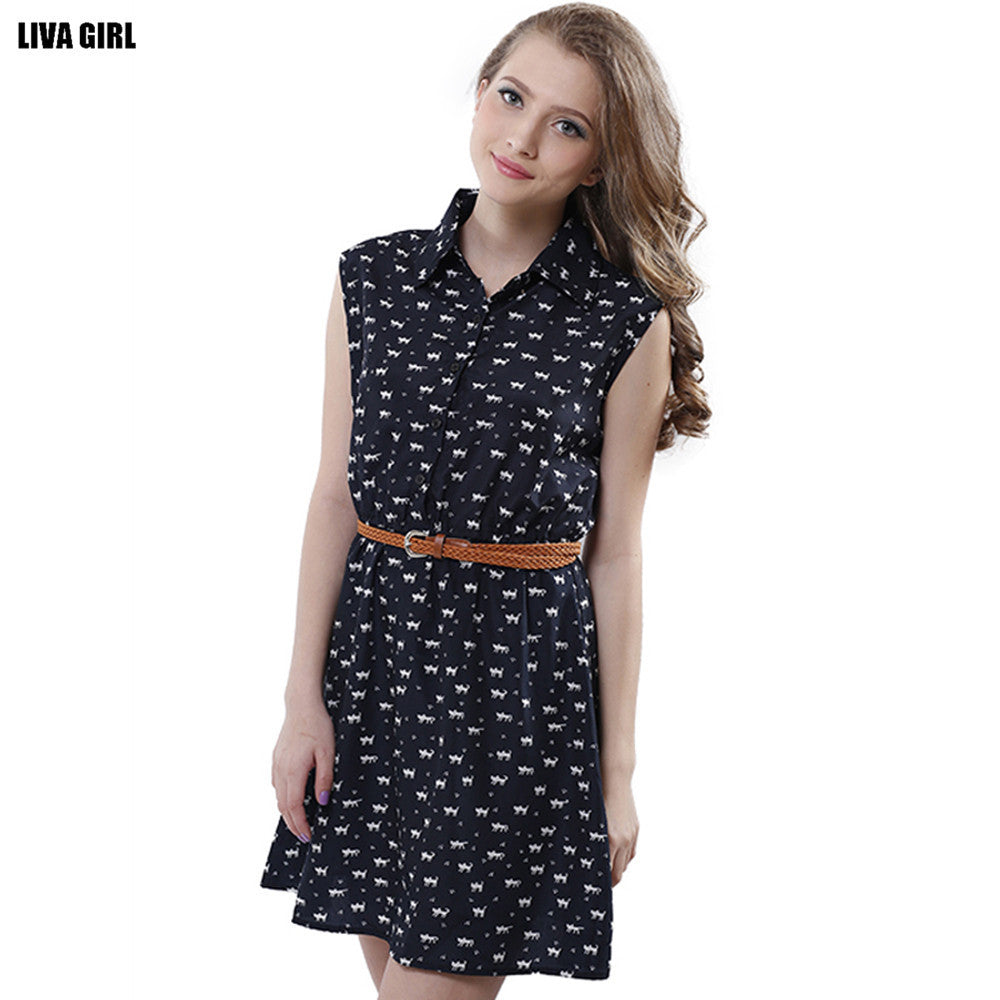 Cat Footprints Women Dresses With Belt Brief A-line Mini Dress Sleeveless